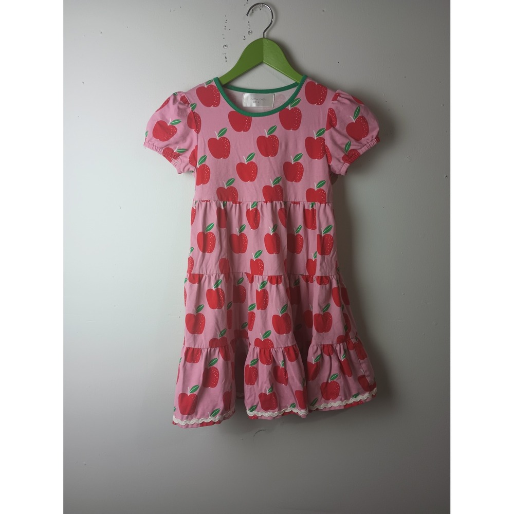 Cotton Castle Girls Pink Red Apple Print Tiered Ruffle Dress Size 6 Puff Sleeve